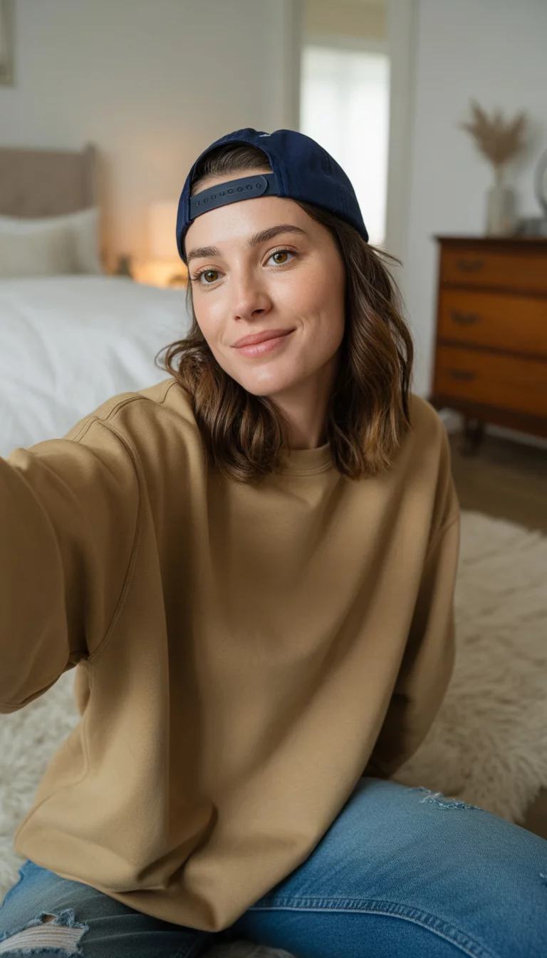 A beautiful 28-year-old woman in a tan sweatshirt, ripped blue jeans, and a blue baseball cap, taking a mirror selfie in a cozy bedroom.