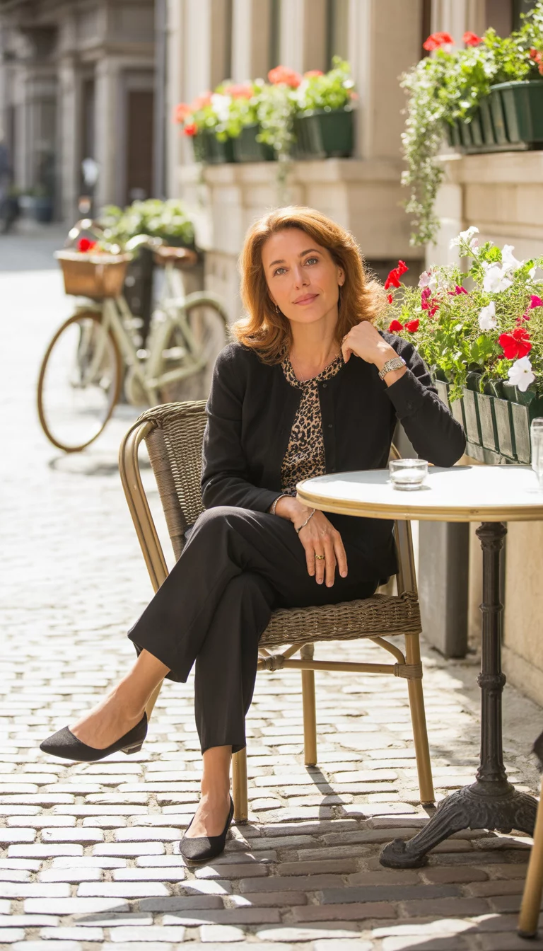 A beautiful 42-year-old woman in a black cardigan, a leopard print top, black pants, and black flats, sitting on a chair at an outdoor cafe.