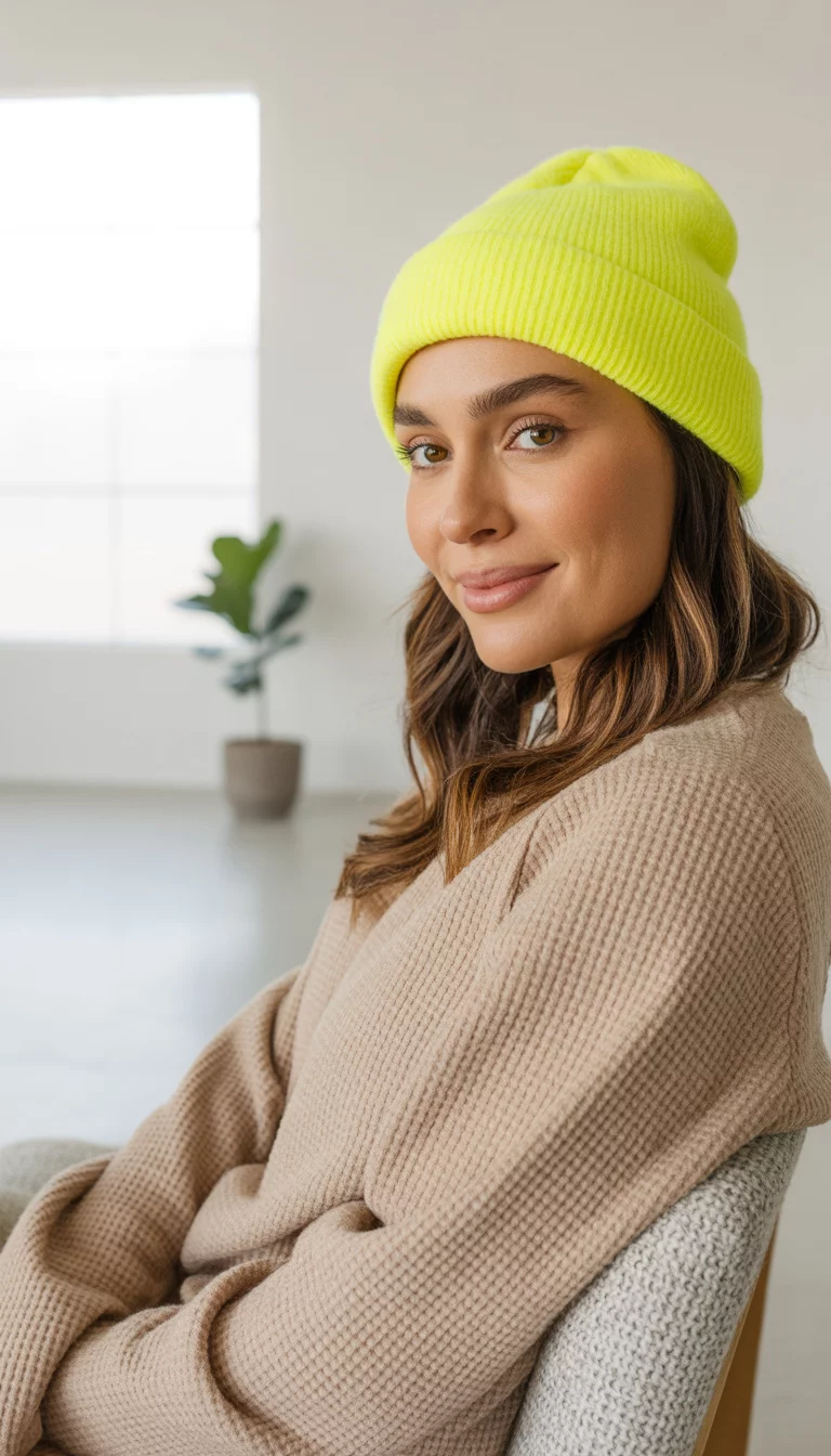 A beautiful 29-year-old woman in a neon yellow beanie and a beige waffle-knit top, posing in a bright and airy minimalist indoor room.