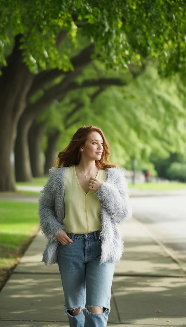 A beautiful 24-year-old woman in ripped blue jeans, a light yellow top, and a fluffy grey cardigan, walking on a sidewalk in a leafy park.