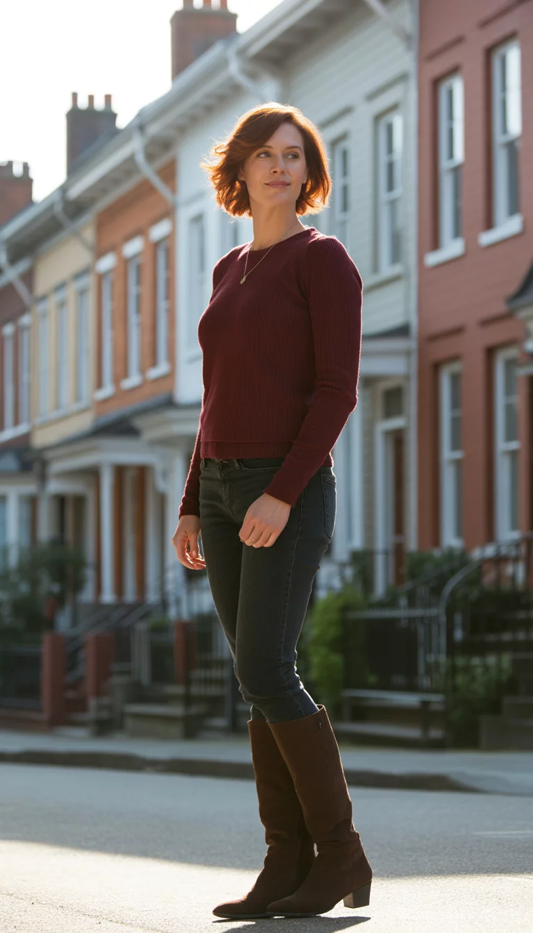 A beautiful 37-year-old woman in a burgundy sweater, dark skinny jeans, and brown knee-high boots, standing in front of urban townhouses.