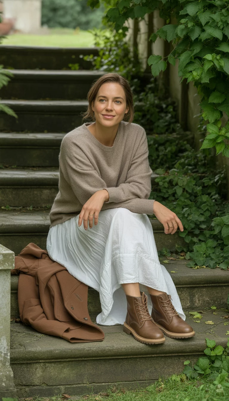 A beautiful 33-year-old woman in a beige sweater, a white maxi skirt, brown chukka boots, and sunglasses, with a brown jacket on the steps, sitting on outdoor steps.