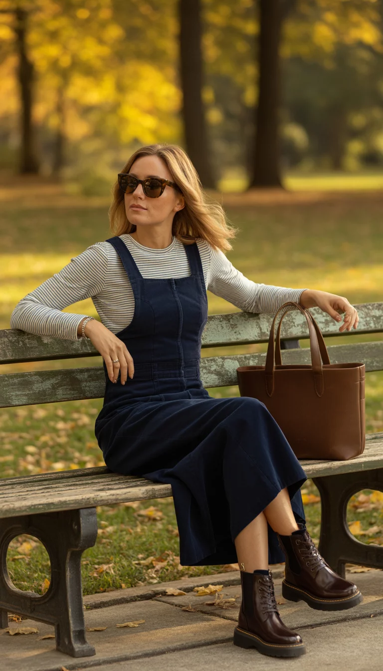 A beautiful 32-year-old woman in a striped long-sleeve shirt, a navy pinafore dress, dark brown croc-embossed boots, and sunglasses, she carries a brown tote bag, sitting on a park bench.