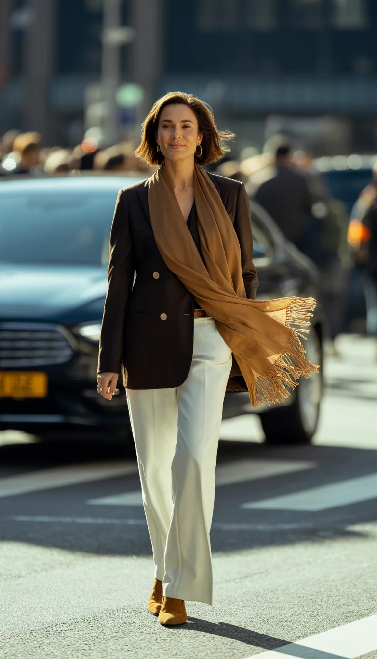 A beautiful 42-year-old woman in a dark brown blazer, white wide-leg pants, a tan fringed scarf, and brown suede shoes, standing on a street crossing.