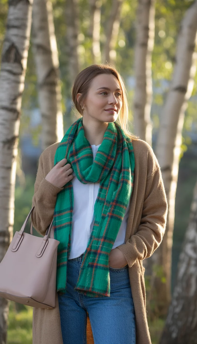 A beautiful 25-year-old woman in a tan cardigan, a white top, jeans, and a large green plaid scarf, she carries a light pink handbag, outdoors with trees.