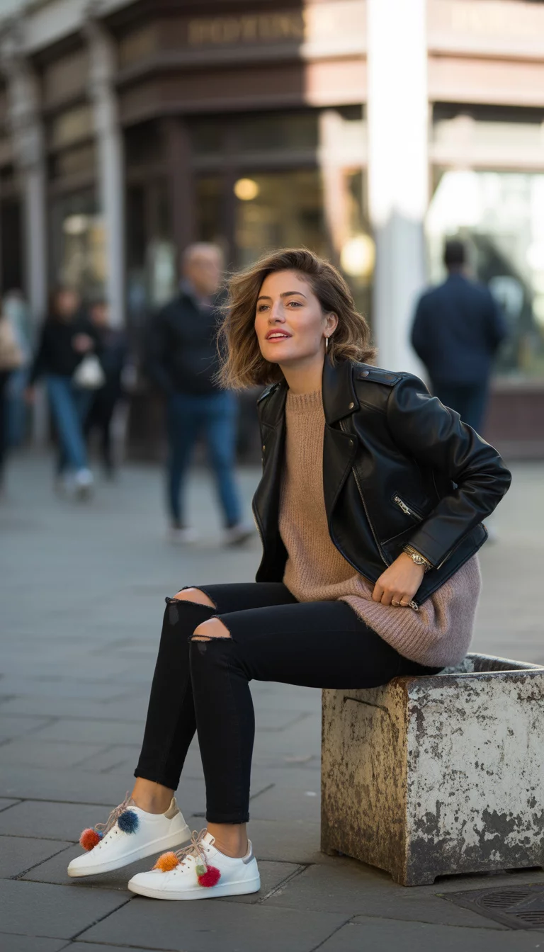 A beautiful 24-year-old woman in a beige knit sweater, black ripped skinny jeans, a black leather moto jacket, and stylish sneakers with pom-poms, sitting on a street.