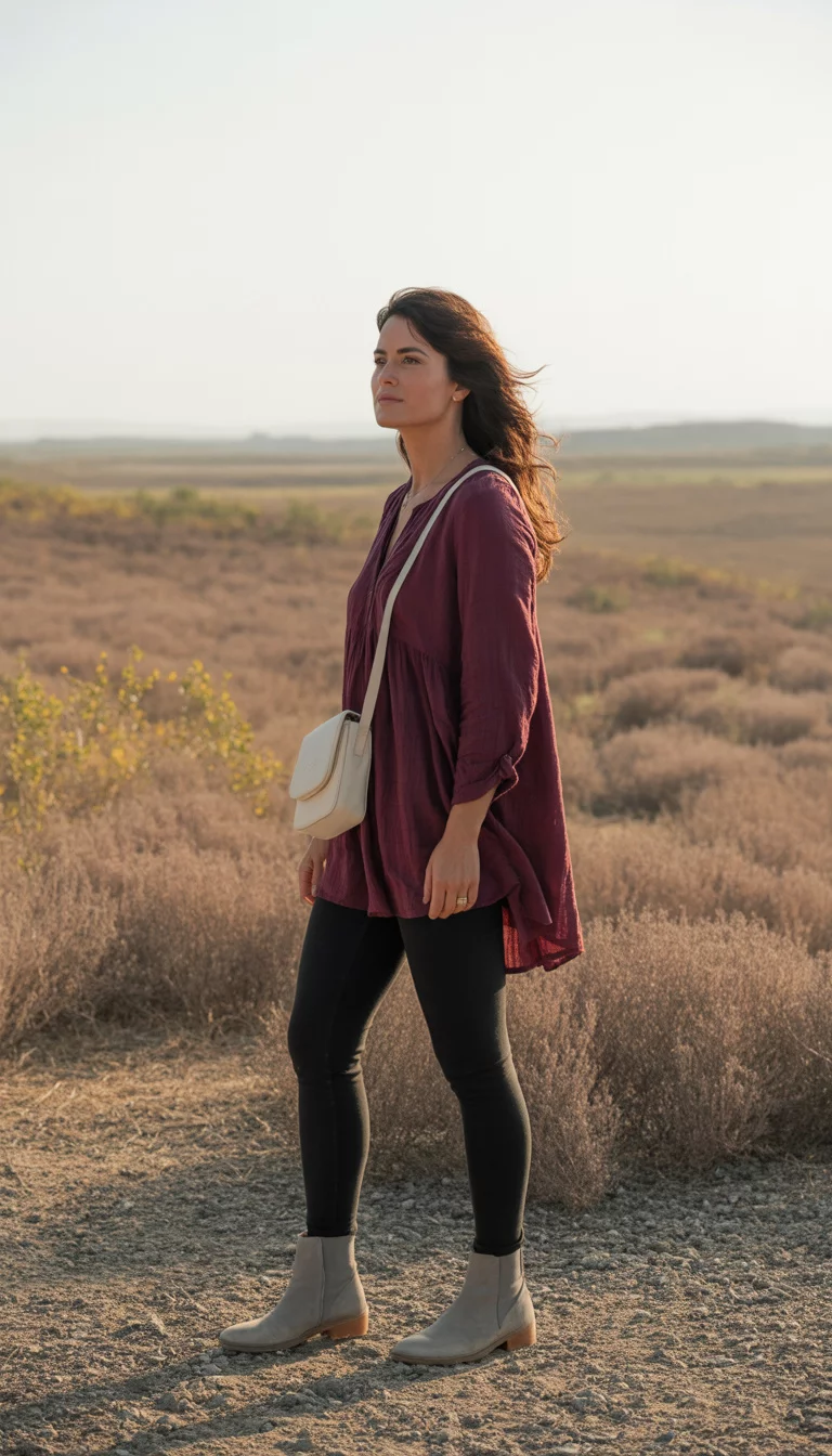 A beautiful 30-year-old woman in a maroon tunic, black leggings, and light grey boots, she carries a small cream crossbody bag, standing in a field of dry brush.