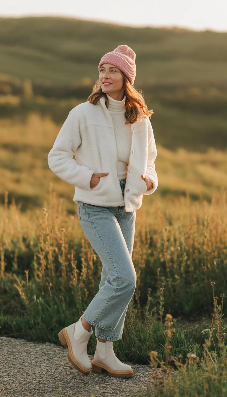 A beautiful 26-year-old woman in a white fleece jacket over a checkered turtleneck, light wash jeans, and wooden-soled ankle boots, she wears a pink beanie.