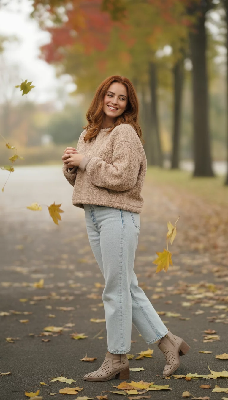 A beautiful 28-year-old woman in a beige sherpa sweatshirt, light wash straight-leg jeans, and taupe perforated ankle boots, standing on a paved path with autumn leaves.