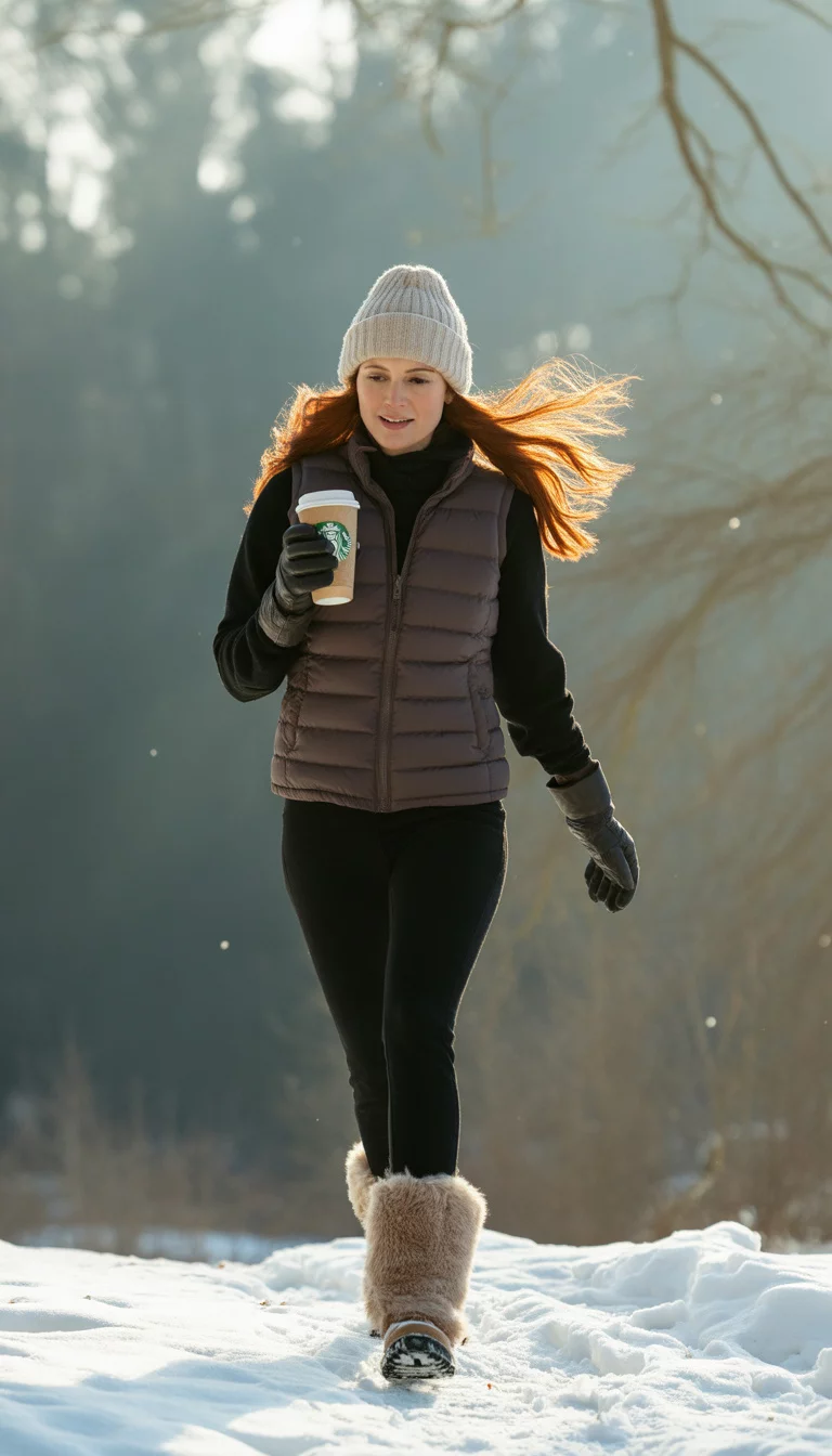 A beautiful 27-year-old woman in a puffer vest, black leggings, a cream beanie, and fur-lined boots, holding a Starbucks cup, walking in a wooded area.