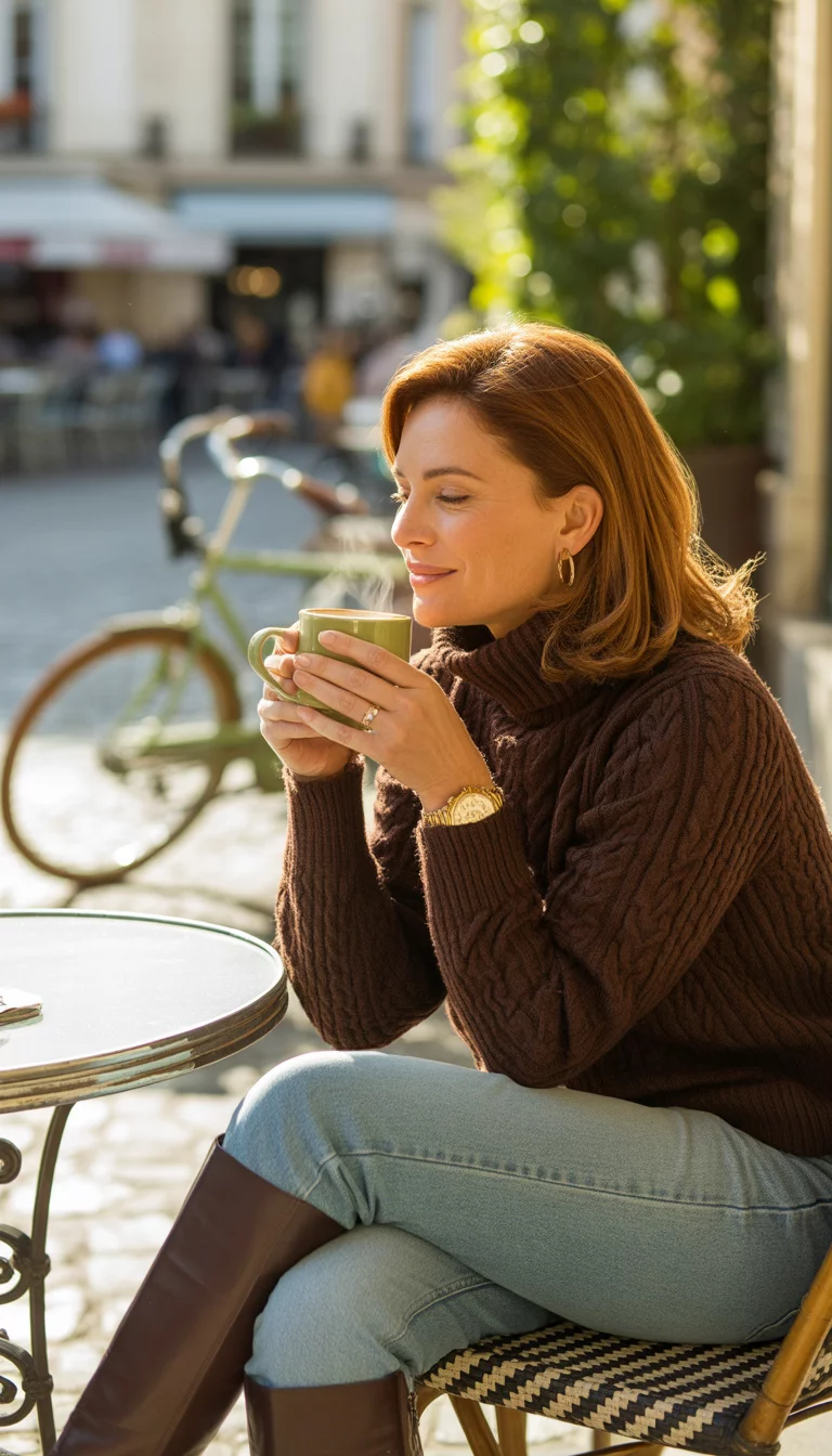 A beautiful 38-year-old woman in a brown cable-knit turtleneck sweater, light blue jeans, and dark brown knee-high boots, enjoying coffee at an outdoor Parisian cafe.