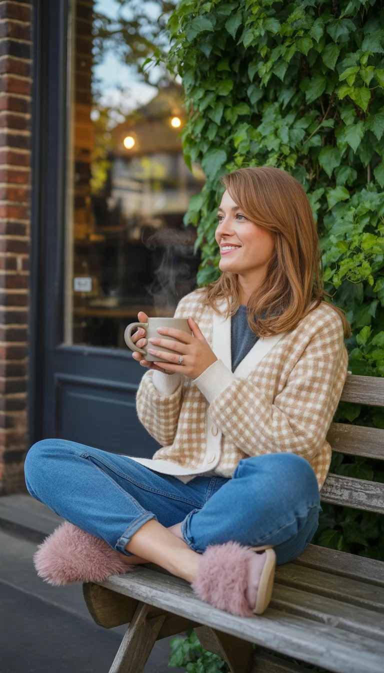 A beautiful 31-year-old woman in a cream and beige checkered cardigan, blue jeans, and furry slippers, holding a cup, sitting on a bench outside a cafe.