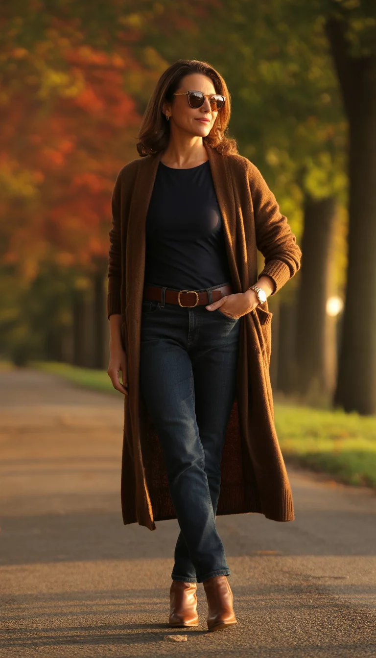A beautiful 40-year-old woman in a long brown cardigan, a black top, blue jeans, a brown belt, brown ankle boots, and sunglasses, standing on a tree-lined path.
