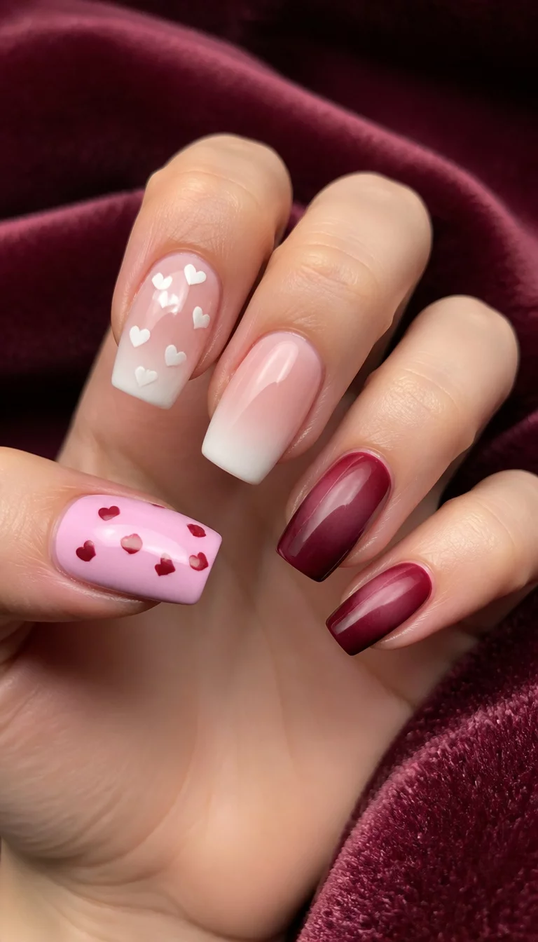 Triple Heart Ombre close-up shot of a woman’s hand with five fingers showing three different styles: light pink with small red hearts, square white ombre with white hearts, and dark berry ombre with subtle shading, soft velvet background.