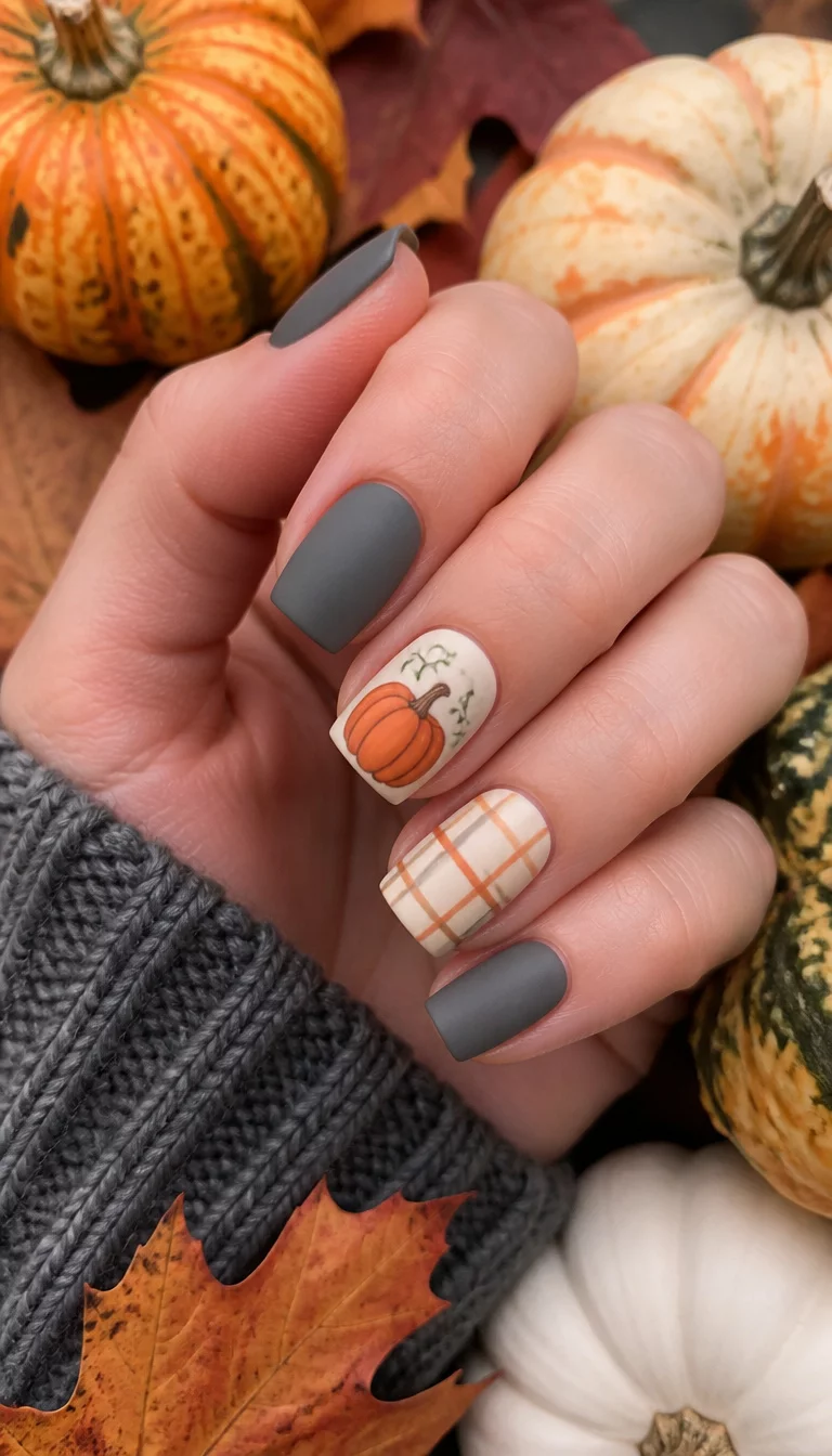 Matte Pumpkin Spice Perfection close-up shot of a woman’s hand with five fingers showing matte grey square nails and cream-colored nails with painted orange pumpkins and plaid patterns, surrounded by small gourds and autumn leaves.
