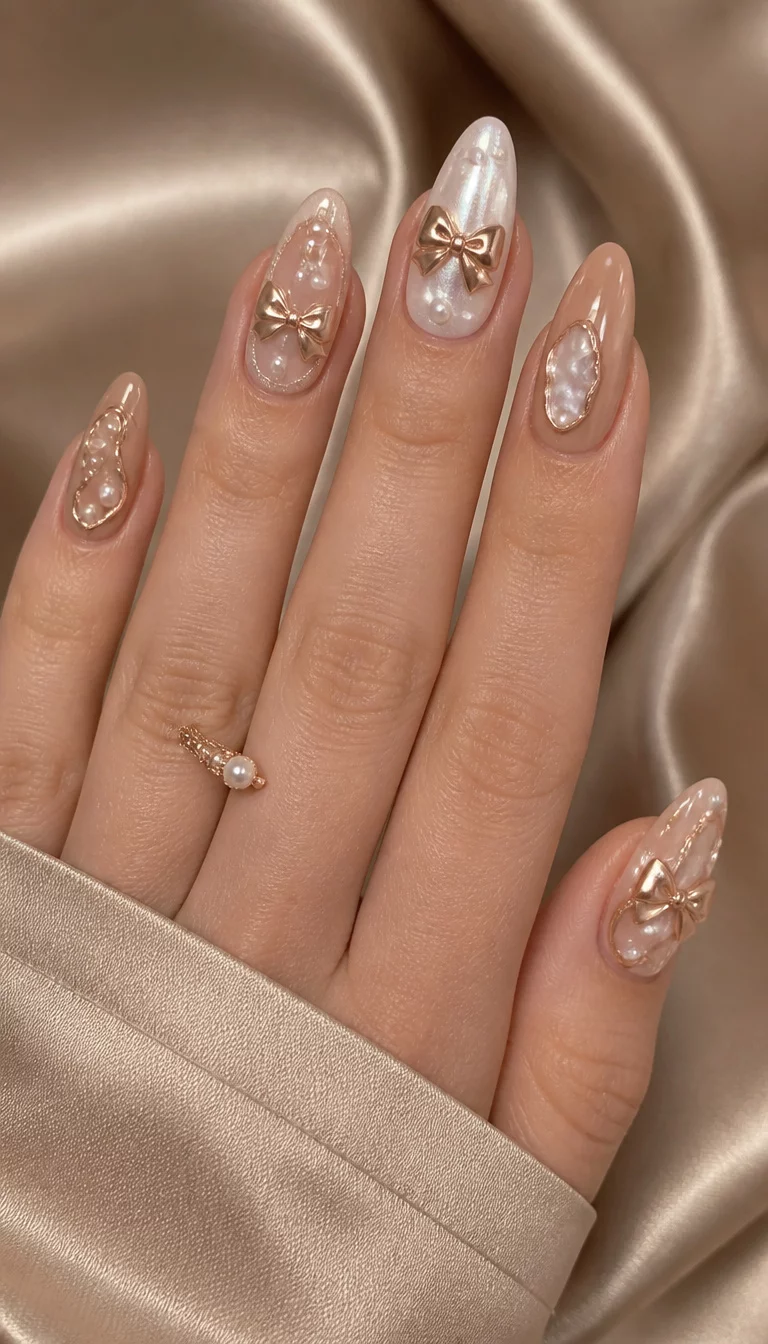 Rose Gold Bow Elegance close-up shot of a woman’s hand with five fingers showing almond-shaped nails with a tan and pearl base, adorned with rose gold 3D bows, abstract pearl shapes, and small pearl accents, satin background.