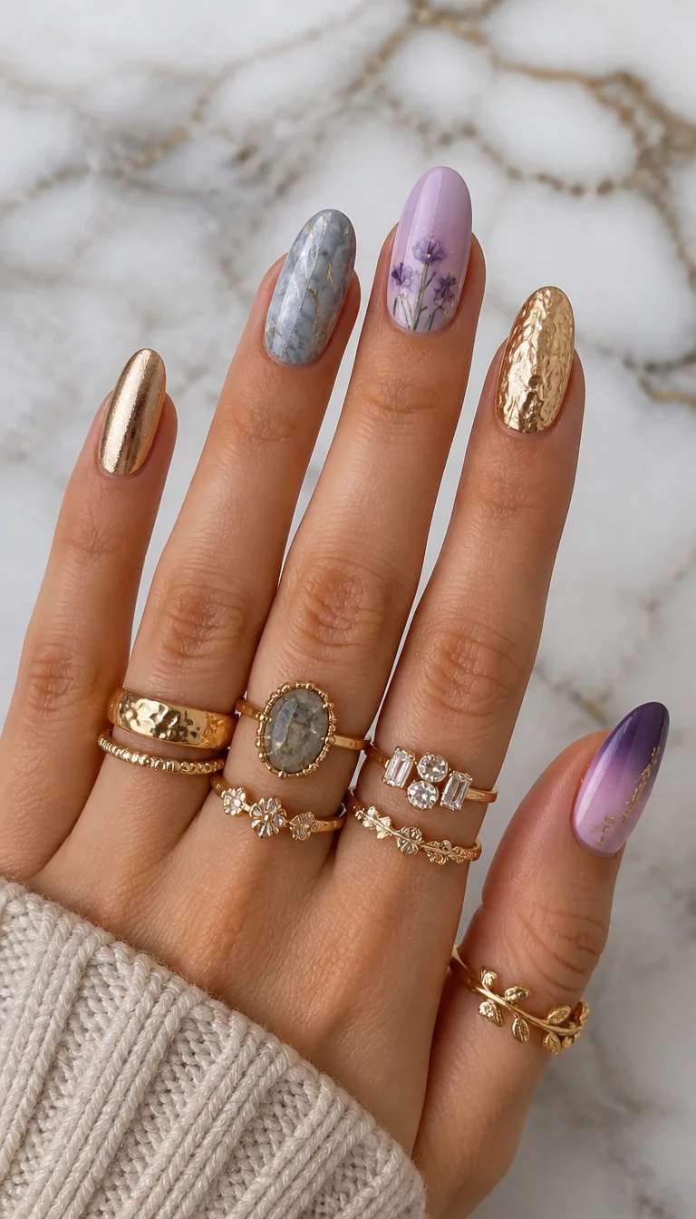 The Metallic Marble Assortment close-up shot of a woman’s hand with five fingers showing various nail designs including metallic gold finishes, grey marbled patterns, purple ombré, and small floral designs, hand wearing many rings, marble background.
