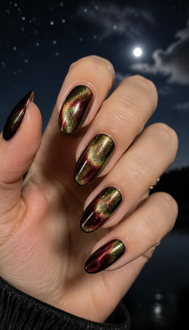 Magnetic Iridescent Glow close-up shot of a woman’s hand with five fingers showing oval nails with a magnetic polish creating a blurred, iridescent effect of deep red, emerald green, and golden yellow hues, night sky background.