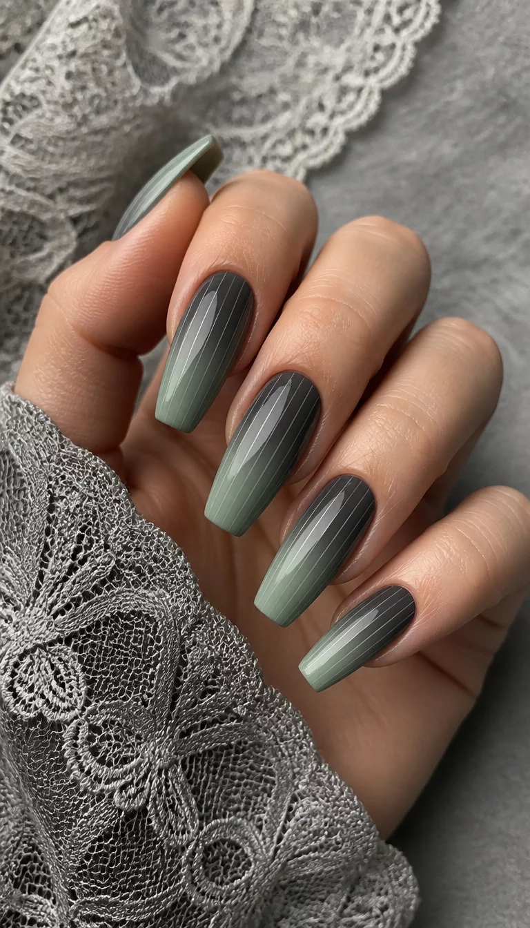 The Muted Moss Gradient close-up shot of a woman’s hand with five fingers showing coffin-shaped nails with a gradient of charcoal grey to light sage green and a subtle vertical thin stripe design, set against a grey and lace background.