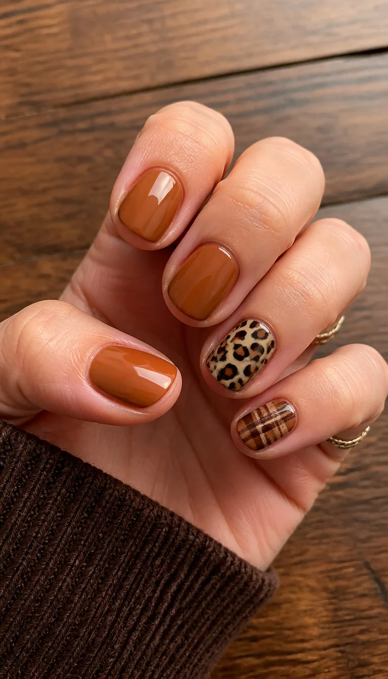 Plaid And Leopard Mashup close-up shot of a woman’s hand with five fingers showing short, rounded nails in a warm caramel brown, with accent nails featuring a cheetah print and a brown plaid pattern, wooden tabletop background.