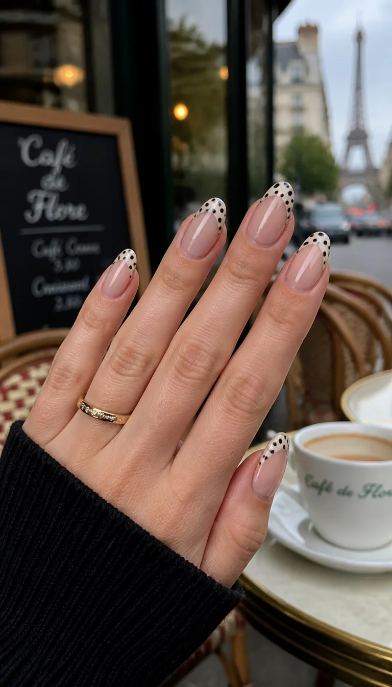 Polka Dot Noir Tips close-up shot of a woman’s hand with five fingers showing almond-shaped French tip nails with a light beige base and a black polka dot tip, Parisian cafe background.