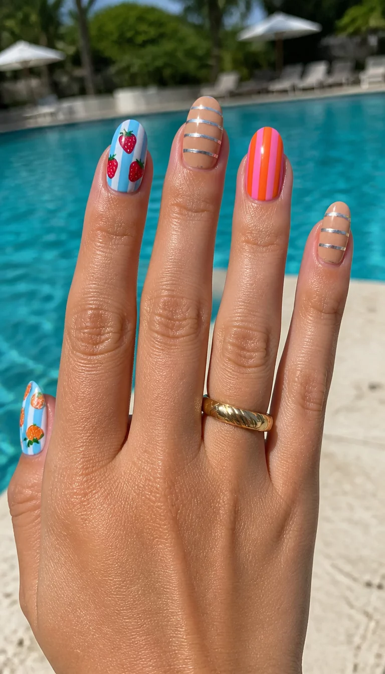 Fruit Stripes And Metallic Lines close-up shot of a woman’s hand with five fingers showing three sets: strawberry and orange patterns on light blue stripes, solid tan with metallic silver horizontal stripes, and pink and orange vertical stripes, poolside background.