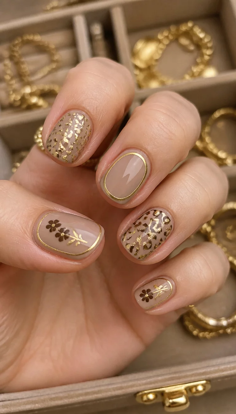 Leopard Gold Outlines close-up shot of a woman’s hand with five fingers showing short, oval nails with a tan base, featuring gold metallic accents including thin outlines, leopard print spots, and small brown floral designs, jewelry box background.