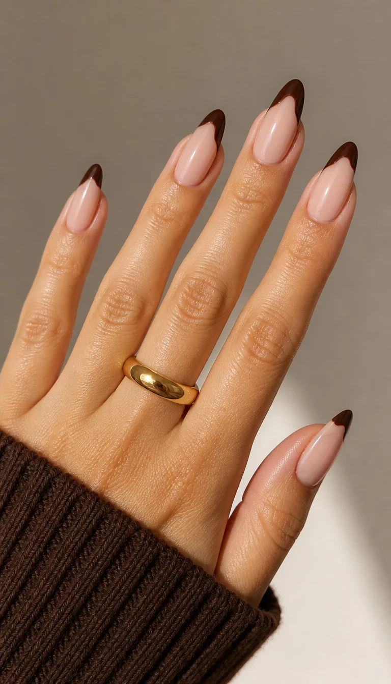 Wavy Chocolate French close-up shot of a woman’s hand with five fingers showing long, almond-shaped nails with a natural skin-tone base and a dark chocolate brown, wavy French tip, paired with a gold ring, minimalist background.