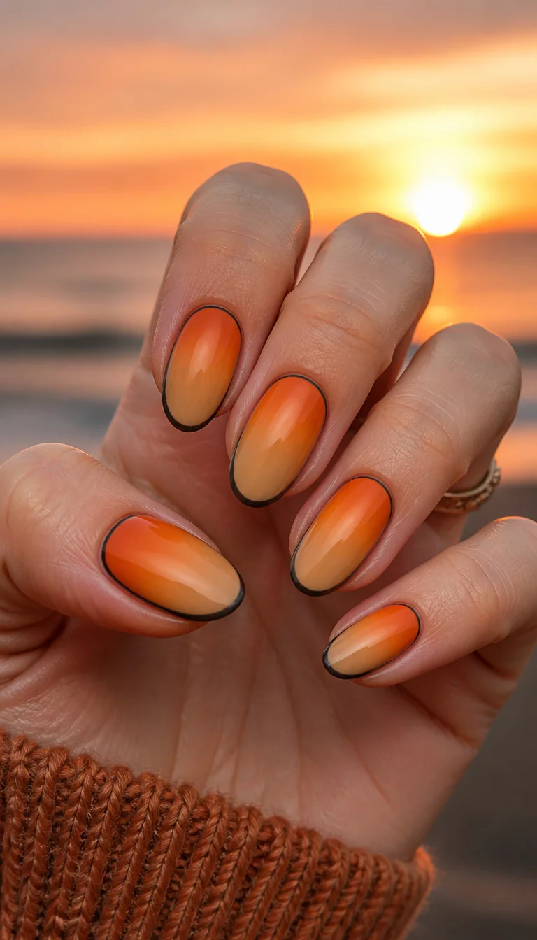 Neon Sunset Edges close-up shot of a woman’s hand with five fingers showing oval-shaped nails featuring a gradient of warm pumpkin orange to tan, with a thin dark charcoal outline along the very edge, sunrise background.