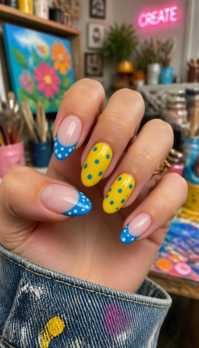 Polka Dot Primary Pop close-up shot of a woman’s hand with five fingers showing almond-shaped nails with a bright blue French tip adorned with white polka dots, and yellow nails with blue polka dots, colorful art studio background.