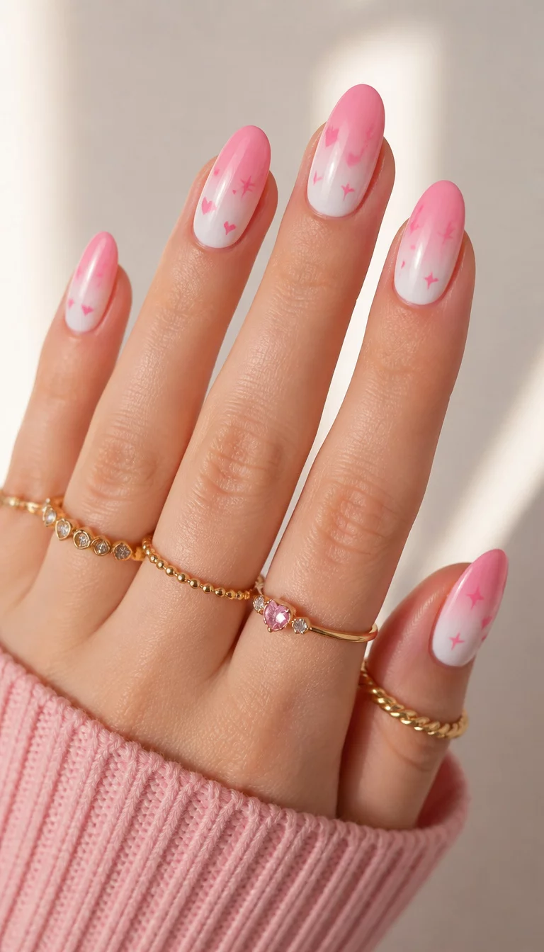 Pink Starry Nights close-up shot of a woman’s hand with five fingers showing oval nails with a pink to white gradient and small pink hearts and stars, accessorized with gold rings, soft lighting background.