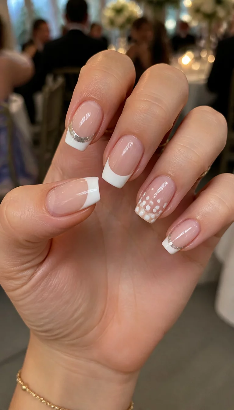 Sparkling Polka Dot French close-up shot of a woman’s hand with five fingers showing various white French tip nail designs, including classic tips, glitter silver accents, and white polka dot embellishments, wedding guest background.