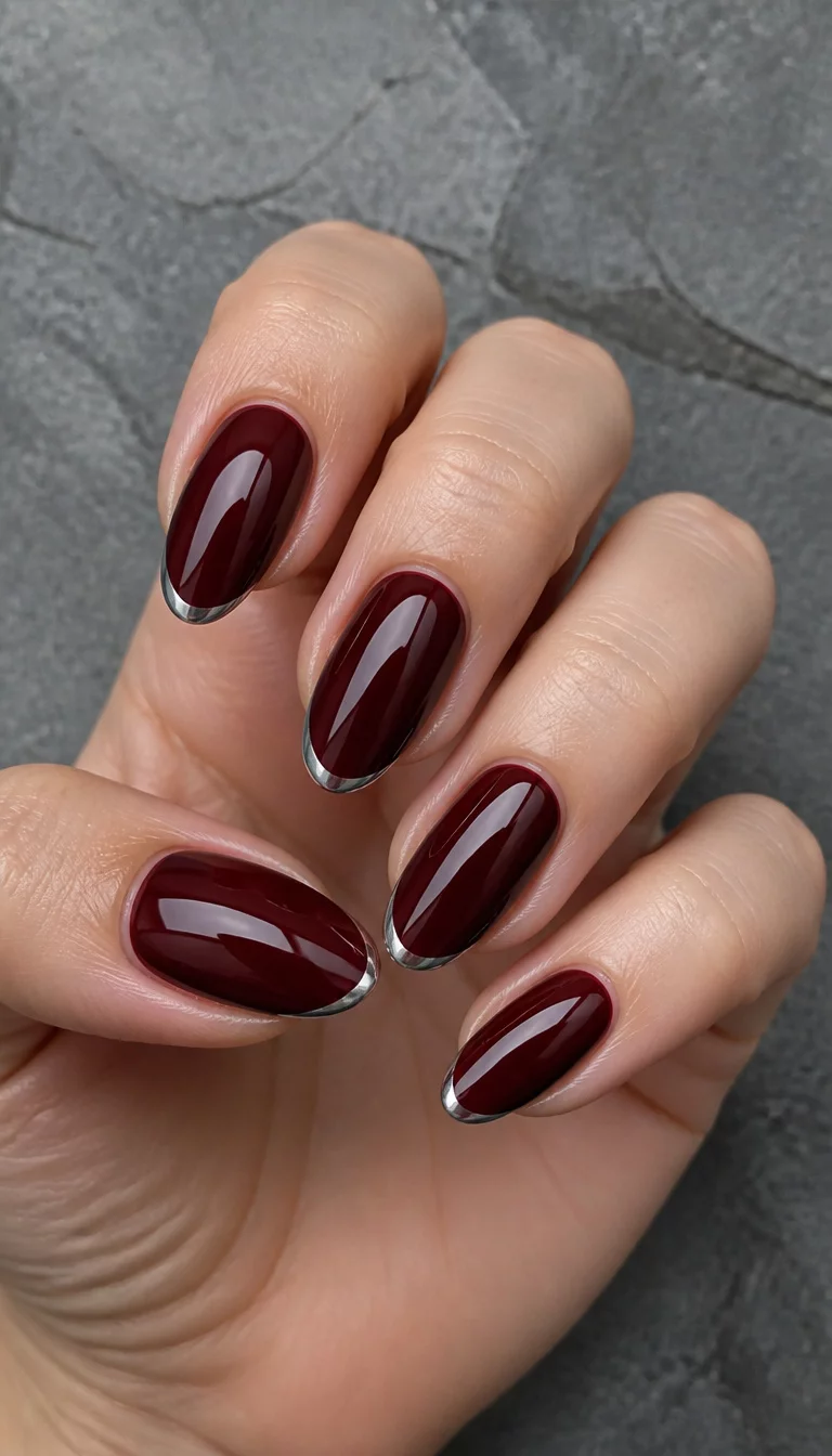Burgundy Bliss With Silver Tips close-up shot of a woman’s hand with five fingers showing almond-shaped nails in a deep wine burgundy, with a thin silver metallic French tip, against a textured grey stone background.
