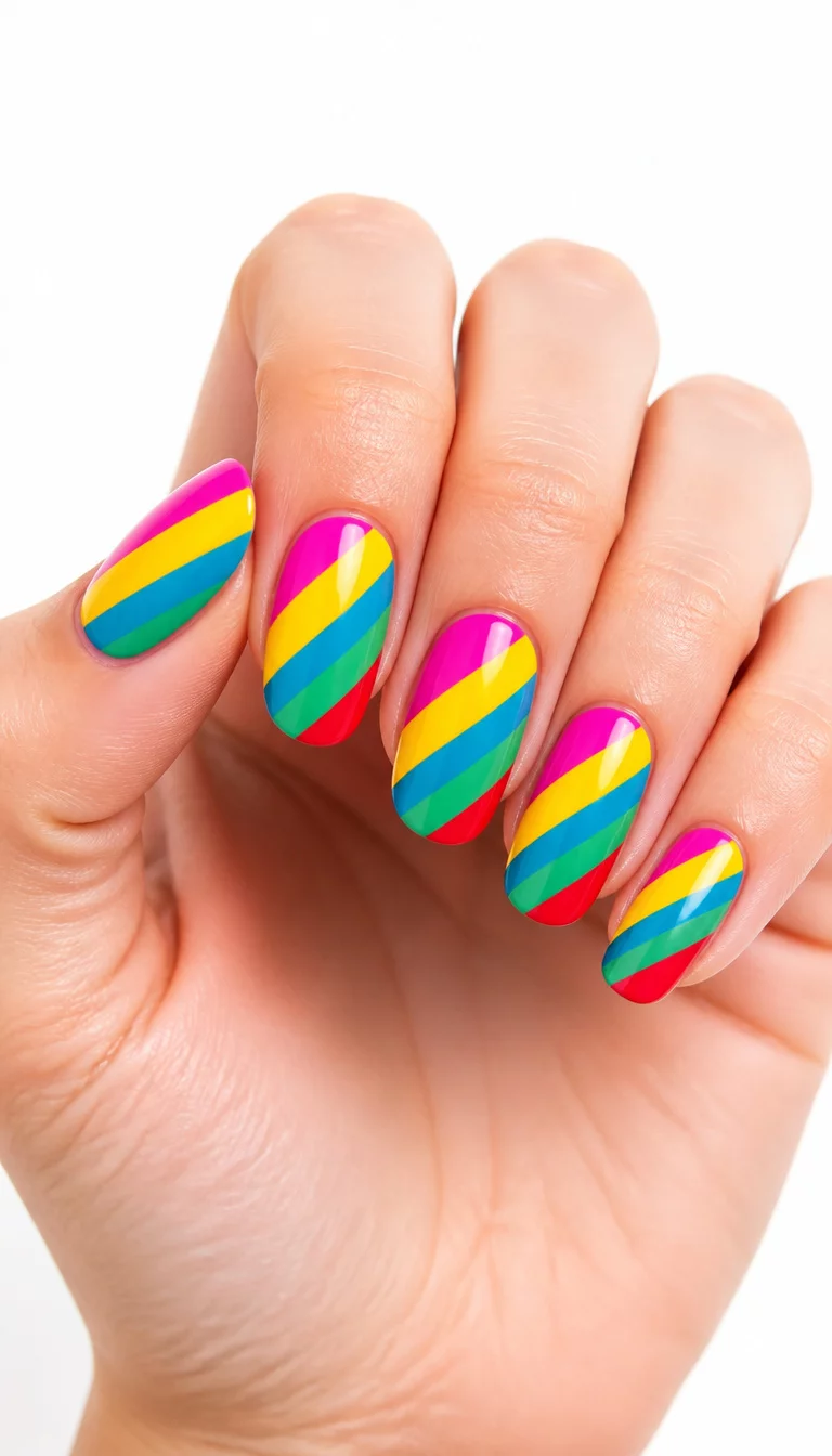 Vibrant Diagonal Stripes close-up shot of a woman’s hand with five fingers showing oval nails featuring vibrant, diagonal stripes in hot pink, yellow, teal blue, apple green, and fire red, white minimalist background.