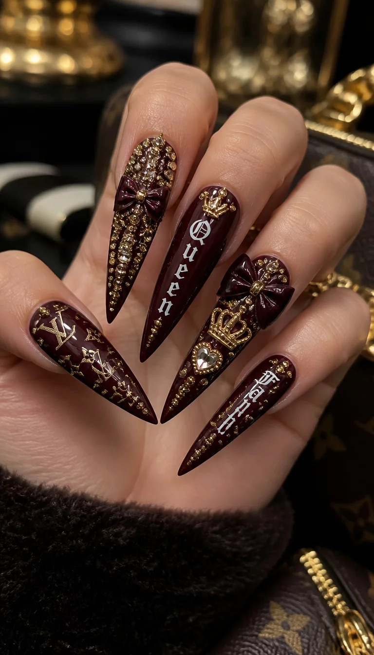 Stiletto Charm Overload close-up shot of a woman’s hand with five fingers showing long, stiletto-shaped nails in a dark reddish-brown, heavily adorned with gold charms, 3D bows, rhinestones, and white lettering, high-fashion background.