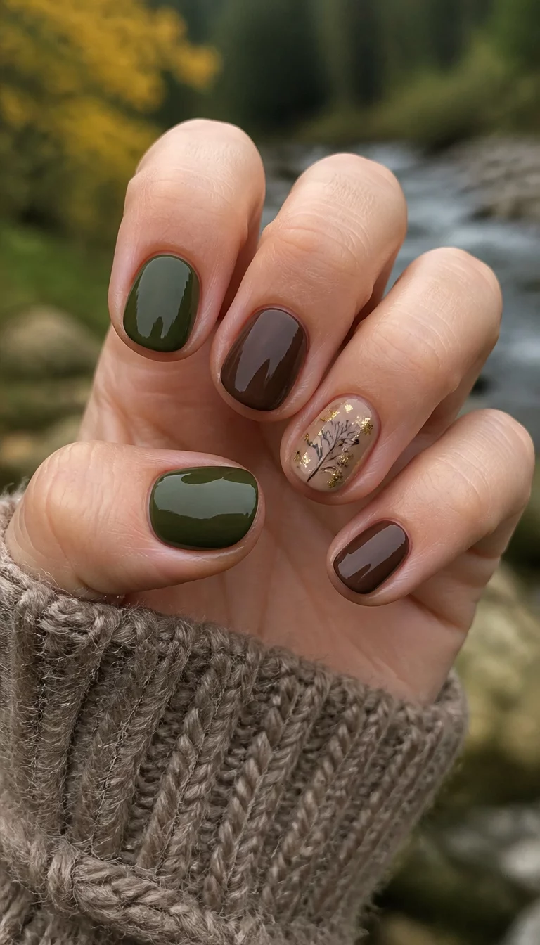 Olive Floral Sketches close-up shot of a woman’s hand with five fingers showing short, rounded nails in olive green and mocha brown, with one accent nail featuring a tan base adorned with a black floral sketch and gold foil flakes, outdoor nature background.