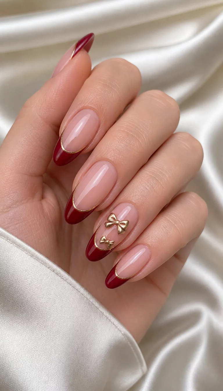 Crimson Bows And Gold Accents close-up shot of a woman’s hand with five fingers showing almond-shaped French tip nails with a deep ruby red tip and a gold metallic line, featuring small 3D gold bows on the ring finger, silk fabric background.