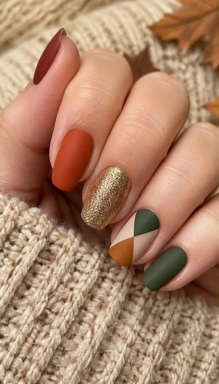The Matte Geometric Palette close-up shot of a woman’s hand with five fingers displaying various fall-themed nail colors including matte brick red, glitter gold, and geometric triangles in forest green and tan, cozy sweater background.