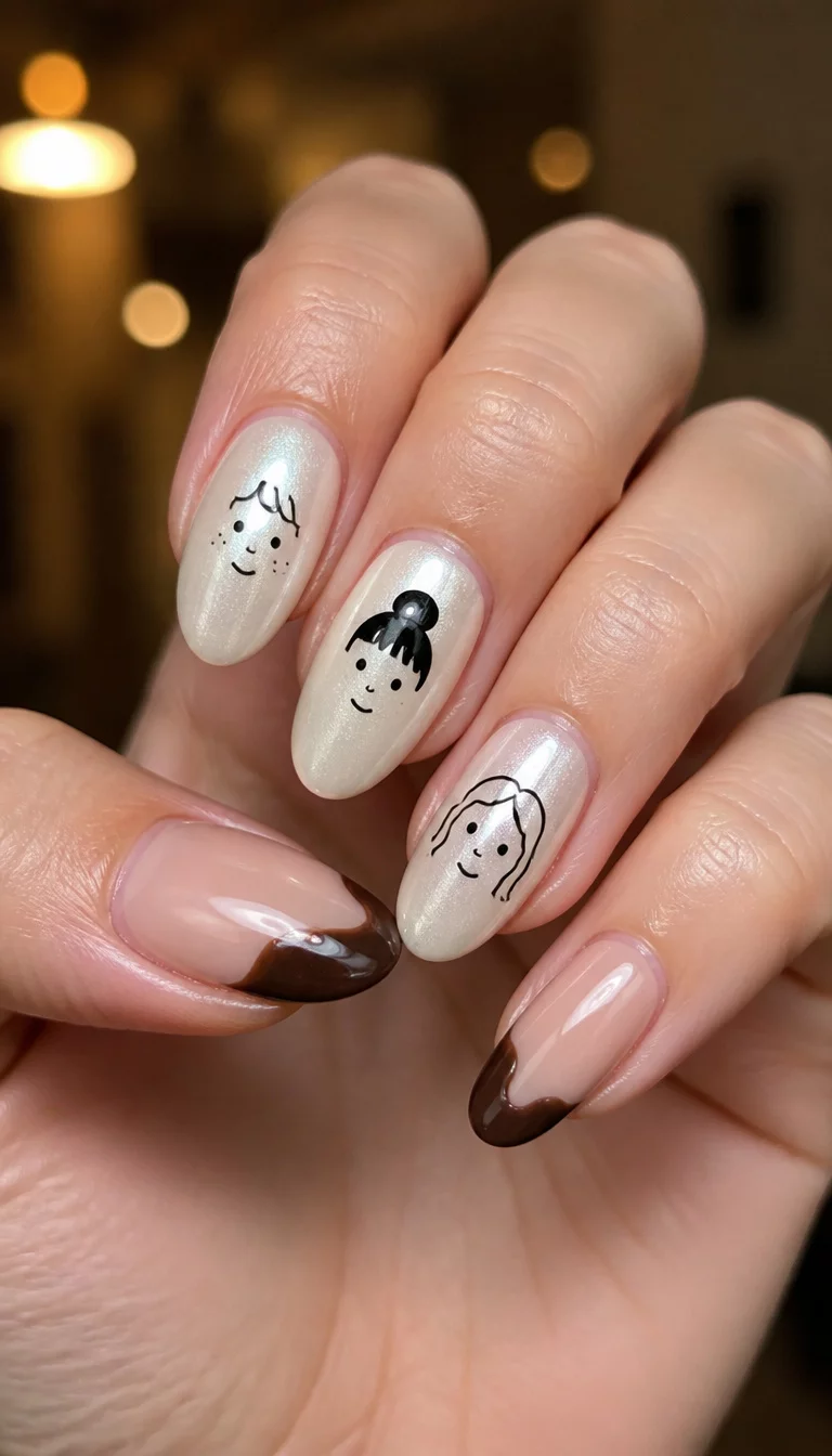 Whimsical Pearl Faces close-up shot of a woman’s hand with five fingers showing two sets: pearl white with small cartoon-like minimalist faces, and long, natural nails with a dark espresso wavy French tip, bokeh background.