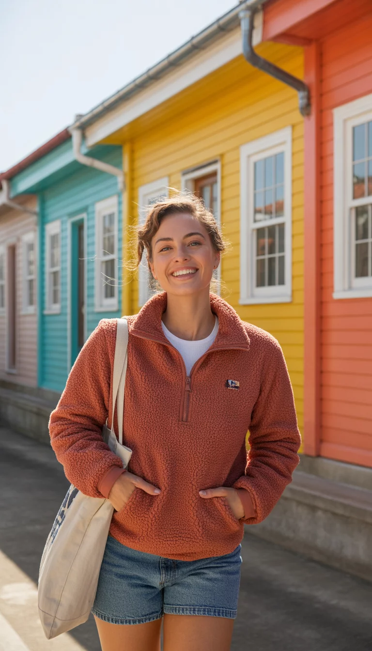 Sherpa Warmth And Denim Shorts A beautiful 23-year-old woman in a rust-colored sherpa quarter-zip, denim shorts, a light-colored tote bag, and blue sneakers, standing in front of colorful houses.