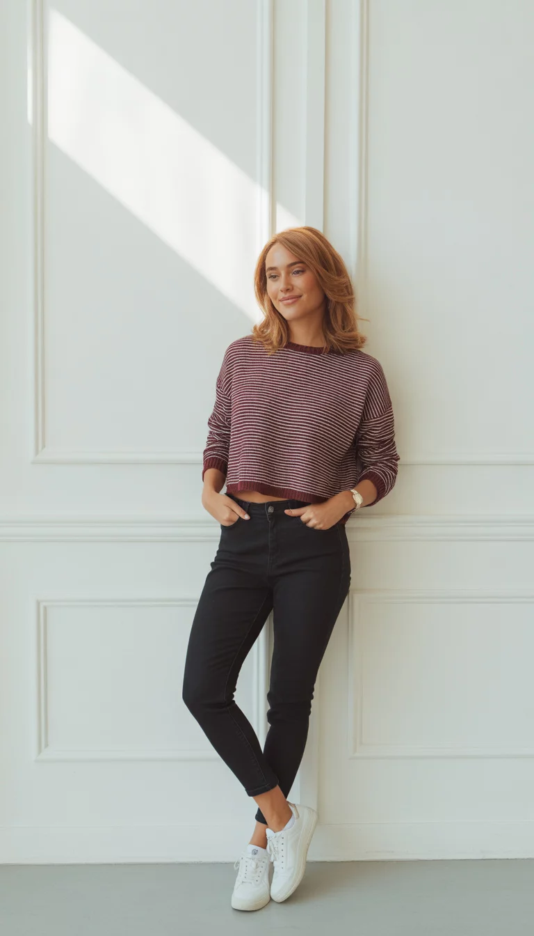 The Classic Striped Knit A beautiful 27-year-old woman in a burgundy and white striped cropped sweater, black skinny jeans, and white sneakers, standing against a white paneled wall.