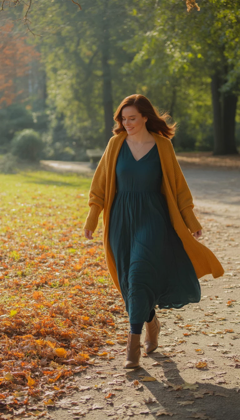 Versatile Mix And Match Pieces A beautiful 29-year-old woman in a dark teal dress with a mustard yellow cardigan and brown ankle boots, walking through a colorful autumn park.