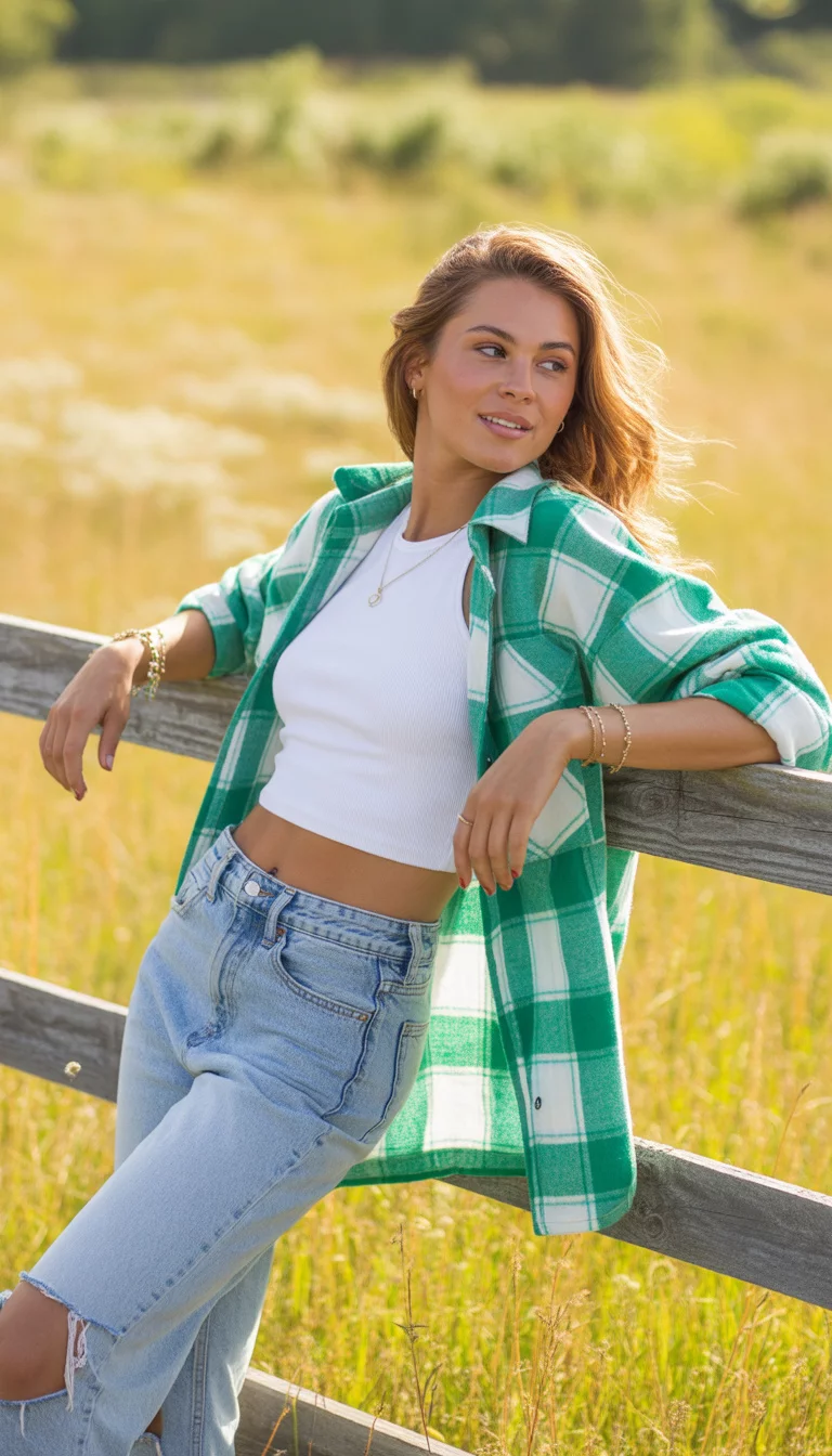 The Oversized Plaid Shacket A beautiful 20-year-old woman in a white crop top, light-wash ripped jeans, and an oversized green and white plaid shacket, leaning against a wooden fence.