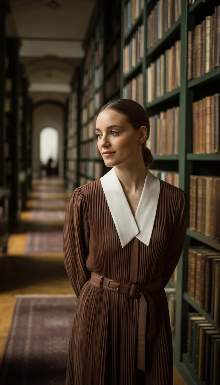 Classic Pleated School Dress A beautiful 32-year-old woman in a brown pleated dress with a white ruffled collar and a brown belted waist, standing in a library hallway.