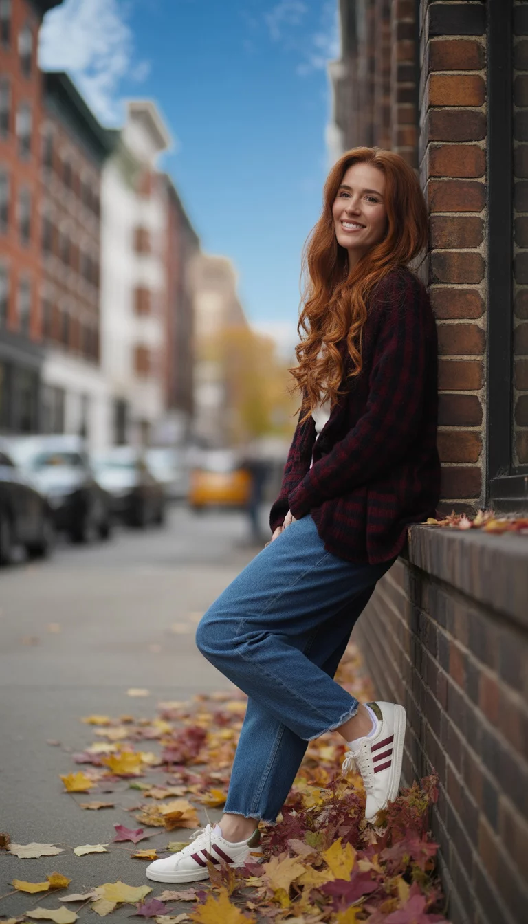 The Long Cardigan Comfort A beautiful 33-year-old woman in a dark red cardigan, loose-fitting blue jeans, and white sneakers with burgundy stripes, standing on a sidewalk with fall leaves.