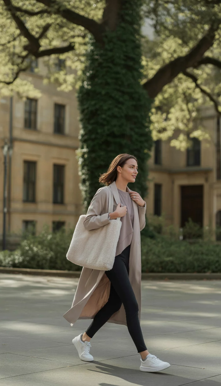 The Oversized Beige Coat Layer A beautiful 34-year-old woman in a long beige coat, a neutral-toned top, black leggings, white sneakers, and a plush tote bag, walking through a university courtyard.