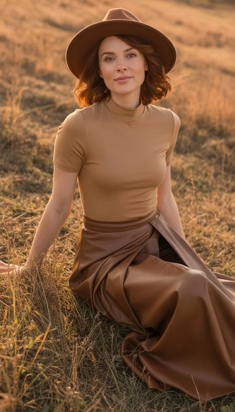 Sophisticated Leather Wrap Skirt A beautiful 31-year-old woman in a tan mock-neck top, a brown faux leather wrap skirt, and a wide-brimmed hat, standing in a golden autumn field.