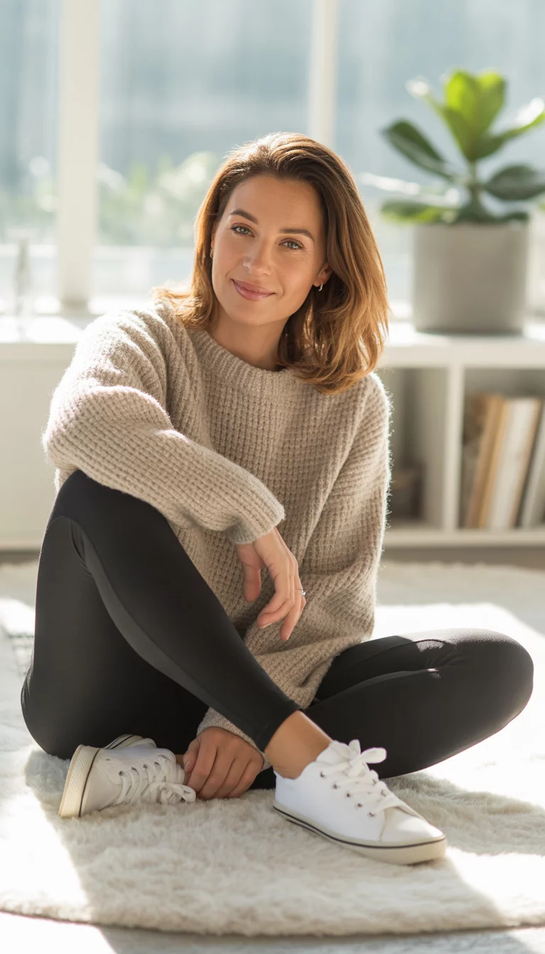 Cozy Sweater And Leggings Combo A beautiful 30-year-old woman in a beige chunky knit sweater, black leggings, and white canvas sneakers, sitting on a plush white rug.