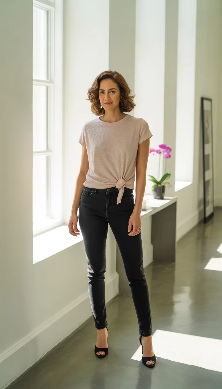 Polished Pink And Denim A beautiful 35-year-old woman in a light pink knotted t-shirt, black skinny jeans, and black peep-toe heels, standing in a bright modern hallway.