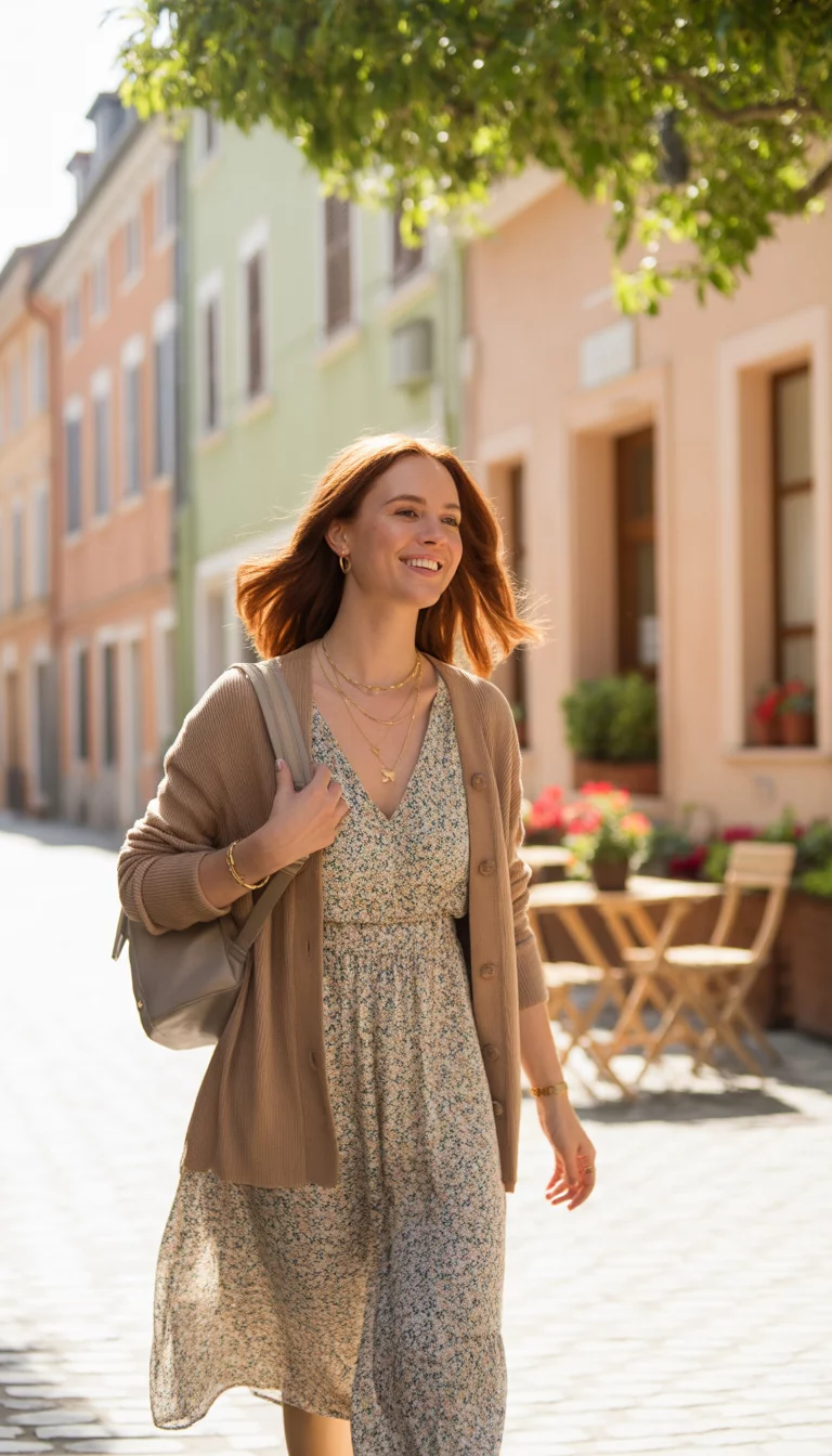 Floral Midi Dress And Cardigan A beautiful 30-year-old woman in a tan cardigan, a floral print midi dress, gold necklaces, and a grey mini backpack, walking down a charming street.